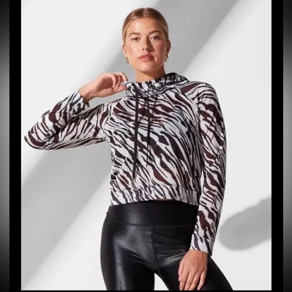 Noli Crop Hoodie Black/White Zebra Yoga Mesh Long Sleeve Large workout gym